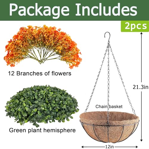 Orgrimmar 2pcs Artificial Fall Mums Hanging Basket Fake Flower Plant Orange | UV Resistant Realistic Silk Mums & Eucalyptus, Coconut Lining Baskets for Home Porch Balcony Patio Yard - color: Orange