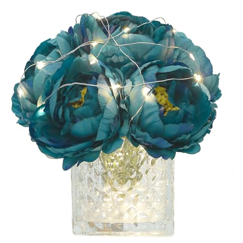 Artificial Peony Silk Flower Centerpieces with LED Light Faux Floral Arrangement in Glass Vase for Home Wedding Table Decoration (Peacock Blue) - color: Light-peacock Blue