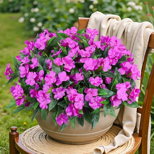 Ouddy Decor 6 Bundles Artificial Impatiens Flowers for Outdoors Decoration, Silk Flowers Bouquet Fake Plants UV Resistant for Spring Summer Garden Porch Window Box Balcony Home Decor, Fuchsia - color: Fuchsia