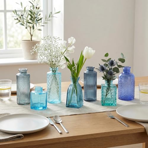 30Pcs Blue Glass Bud Vases, Wedding Table Decor, Bulk Housewarming Gift | Blue bud vases in bulk, Rustic embossed, Vintage-styled glass vases for centerpieces,15 unique vintage styles(2 per design) - color: Blue Series