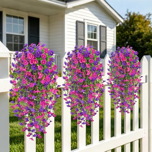 Artificial Hanging Flowers for Outdoors, 4 PCS UV Resistant Morning Glory Flowers with Eucalyptus Leaves, Silk Fake Flower Realistic Faux Plants for Home Patio Porch Garden Decor, Purple+Fuchsia - color: Purplish-red