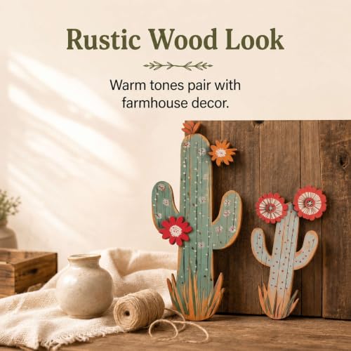 flangairy 15.7in Layered Cactus Wall Decor, Set of 2 Wooden Cactus Flower Picture Southwestern Wall Art, Western Room Bathroom Bedroom Nursery Kitchen Decorations for Home