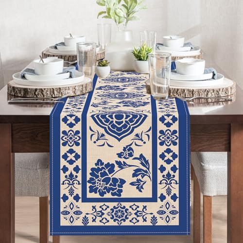 Chinoiserie Flower Dining Table Runner, Vintage Blue and White Porcelain Floral Burlap Kitchen Decoration, Farmhouse Retro Indoor Outdoor Home Decor Party Supply 13 x 72 Inches - color: Chinoiserie Flower, size: Table Runner 13''X72''