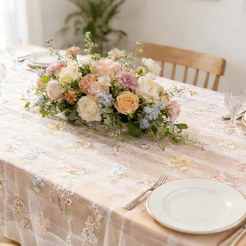 BINBE 1pcs Ivory Florals Table Runner Embroidery Gauze 10FT Daisy Seasonal Tulle Birthday Wedding Holiday Kitchen Dining Table Decor for Home Party - color: Lvory, size: 10ft x 1pack