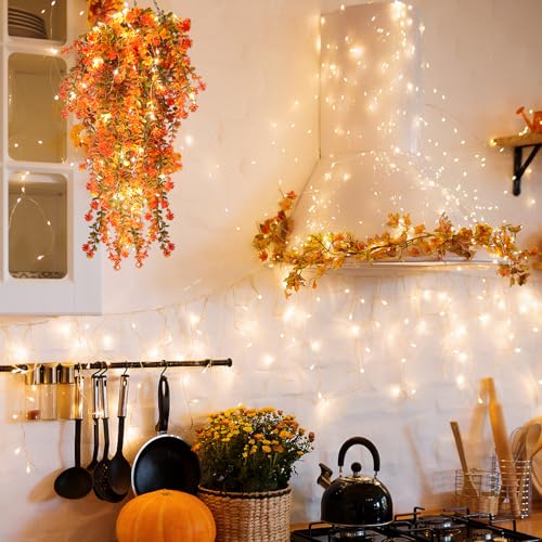 RECUTMS Fall Artificial Flowers - Faux Hanging Plants with Lights for Thanksgiving Indoor/Outdoor Wedding & Garden Party (Salmon) - color: Salmon, size: Hanging Plants With Lights