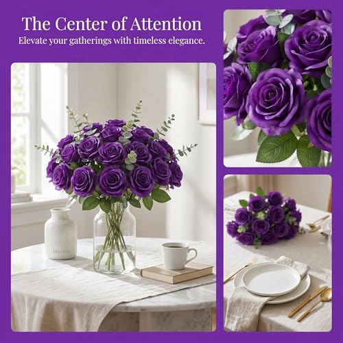 52pcs Purple Roses Artificial Flowers Fake Flowers Silk Roses with Stems for DIY Wedding Bouquets Bridal Shower Centerpieces Arrangements Party Decorations - color: Purple