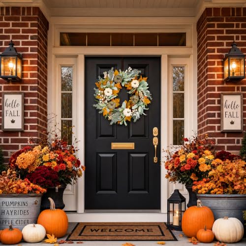 20" Fall Wreath Front Door Pumpkin Lambs Ear Maple Leaf Artificial Wall Decor Farmhouse Autumn Wreath Thanksgiving Home Porch Outdoor Indoor Holiday Harvest Decor - color: Clear, size: 20''