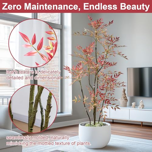 6ft Faux Bamboo Tree Artificial Nandina Tree Artificial Indoor Plants Realistic Fake Potted Tree with 800+ Leaves, Cement Planter - Home Office Decor Perfect for Housewarming Gift Non-Toxic - color: Red, size: 6ft