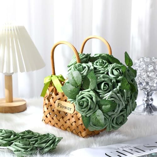 100 Pcs Artificial Foam Rose Flower Faux Bouquet Wedding Fake Rose Gift for Mother's Day Women DIY Bridal Shower Party Table Birthday Home Spring Decor (Elf Green) - color: Elf Green
