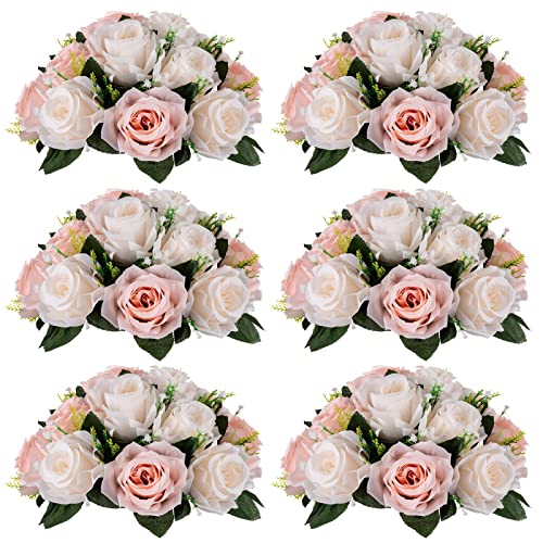 NUPTIO Flower Balls for Wedding Centrepieces - 6 Pcs 9.5in Diameter Artificial Flower Ball Arrangement Bouquet Peachy Pink & Creamy White Fake Rose Flowers Party Centerpieces for Weddings Tables | 6 Pcs Peachy Pink & Creamy White Fake Floral for Wedding B