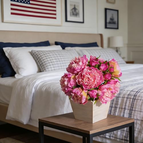 Artificial Hydrangea Flowers Arrangement in Wood Planter, 4PCS Fake Flowers in Wooden Vase Potted Floral Centerpieces for Tables Living Room Home Office Kitchen Decor (Pink Peony) - color: Pink Peony