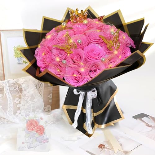 Pink Glitter Roses Bouquet, 36 Pcs Shiny Glitter Flowers Bouquet, Everlasting DIY Artificial Roses Bouquet for Christmas, Birthday, Anniversary, Wedding, Engagement - color: Pink-a, size: 36 PCS