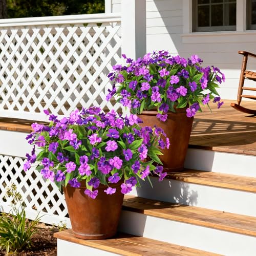 Artificial Impatiens Flowers for Outdoors, 6 Bundles Silk Fake Flowers for Spring Summer Decoration, UV Resistant Faux Plants Plastic Bouquet for Home Planter Porch Patio Yard Decor(Double Purple) - color: Double Purple