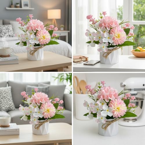 2 Potted Pink White Hydrangea Artificial Flowers Indoor Fake Plant Bathroom Accessories Decor，Faux Silk Flowers Arrangement in Vase Centerpieces for Tables Dresser Shelf Decor Aesthetic - color: Pink