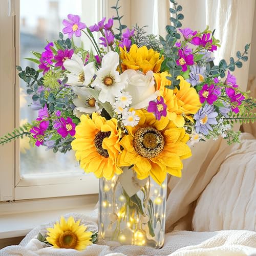 Sunflower Fake Flowers in Vase, Sunflowers Lavender Artificial Flowers with Vase for Table Centerpieces, Silk Flower Bouquet Faux Floral Arrangements Kitchen Farmhouse Cemetery Gravesites Decor - color: Yellow Purple