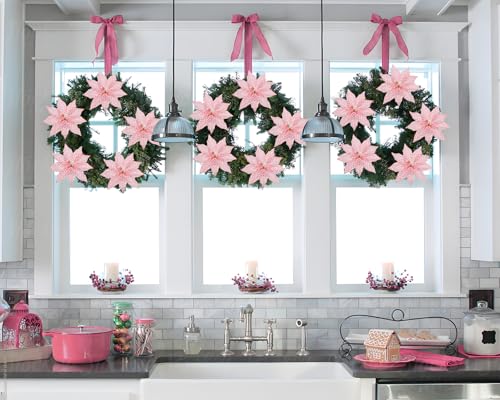 Briful 3PCS Poinsettias Artificial Christmas Flowers 22.4in Long Stem Pink Glitter Mesh Poinsettia Fake Christmas Tree Flower for Xmas Home Wreath Garland Floral Arrangement Holiday Decor - color: Light Peach Pink