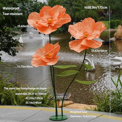 Large Paper Artificial Flowers,Giant Flowers for Decoration,Huge Handcrafted Poppy Fake Flowers with Stand for Home Decor Bridal Shower Party Outdoors Yard Event Backdrop Decor (Orange) - color: Orange