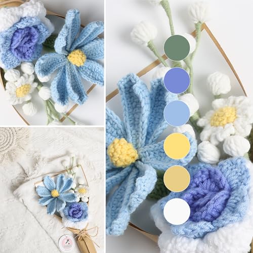 Crochet Flower Bouquet, Handmade Knitted Tulip Faux Crochet Flowers for Home Decor Valentine’s Day Anniversary Weddings Birthdays Mother’s Day, Includes Gift Bag and Greeting Card(Mini Blue) - color: Mini Blue