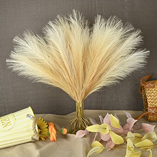 U-LIAN 12PCS Faux Pampas Grass 24 Inch, Small Artificial Pampas Grass Decor for Vase, Fake Fluffy Floral, Artificial Dried Flowers, Dry Plant Home Wedding Boho Decor(Beige&Brown Gradient) - color: Beige&brown Gradient, size: 24"-12 PCS
