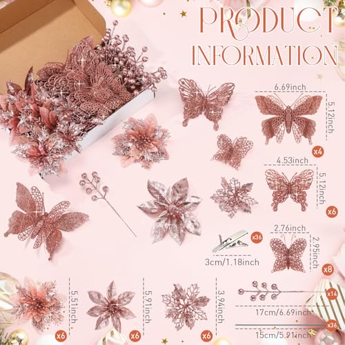 Thiccywoov 122 Pcs Christmas Glitter Poinsettia Artificial Flowers Berry Picks Butterfly Christmas Tree Ornaments 3 Styles Poinsettia kit with Clip for Xmas Wreath Home Tree Decor(Rose Gold) - color: Rose Gold