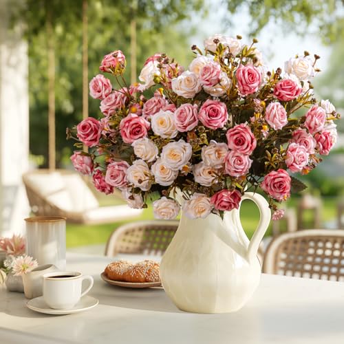 Artificial Rose Flowers for Outdoor 4 Bundles Rose Bouquet with Daisy Faux Flowers UV Resistant for Home Indoor Outside Garden Porch Window Box Balcony Yard Porch Decor (White+Pink) - color: White+pink