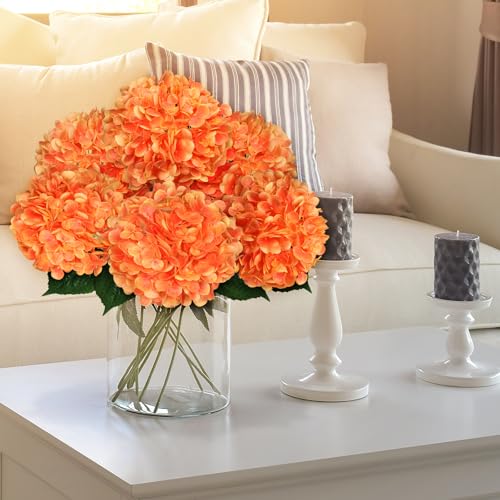 8 Pcs Hydrangea Artificial Flowers 21" Orange Silk Fake Flowers Bouquet with Stems Faux Latex Floral Bulk Bouquet for Home Wedding Arrangement Party Baby Shower Table Centerpieces Decoration - color: Orange