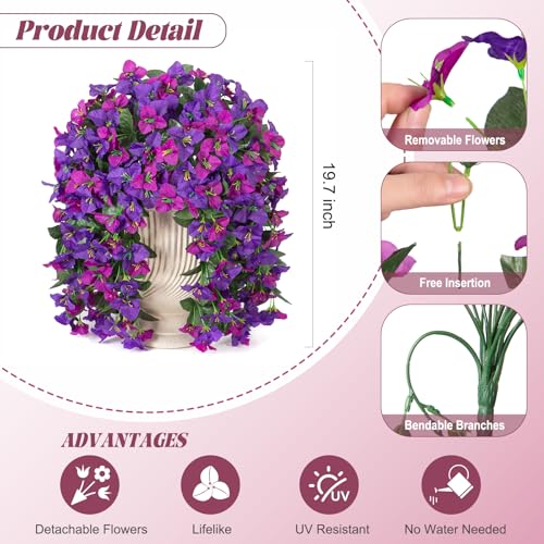 2 pcs Artificial Faux Bougainvillea Flowers Plants for Outdoor Outside Summer Decoration, Fake Silk UV Resistant Long Trailing Vines for Front Door Porch Planter Balcony, Deep Purple Deep Lotus - color: Dark Purple Dark Lotus