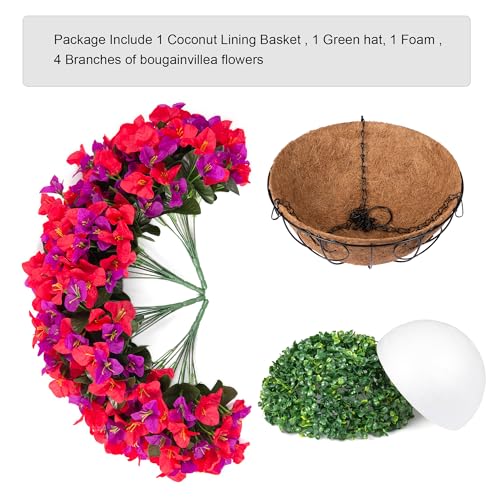 Artificial Hanging Flowers Plant with Basket for Outdoors Spring Decor, Fake Hanging Plants Silk Bougainvillea in Planter Look Real UV Resistant Faux Flower for Outside Porch Patio Garden Home, Mix - color: Red + Purple