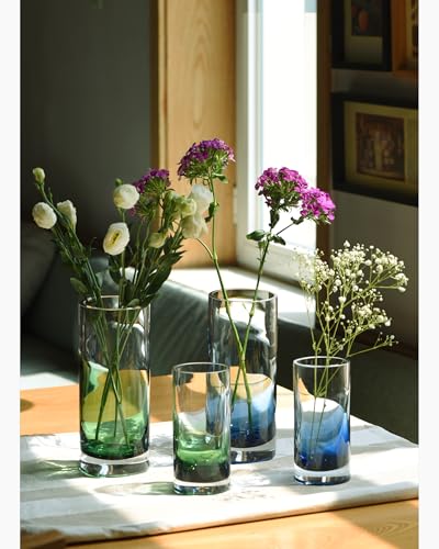 CONVIVA Green Glass Vases for Flowers Cylinder Centerpieces Set of 2, Modern Blown Colored Glass Heavy Thick Sturdy Home Decor Gift Ideas for Mother's Day Vintage Room Decor, 10" & 7" - color: Green Set of 2