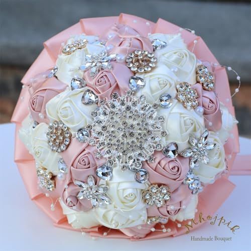 7.5" Pink Champagne & Ivory Bridal Wedding Bouquet Round Holding Bouquet Throw Toss Artificial Rose Flower Bunch for Bride Bridesmaid Wedding Quinceanera - color: Pink Champagne & Ivory, size: Small (Dia. 7.5"/19cm)
