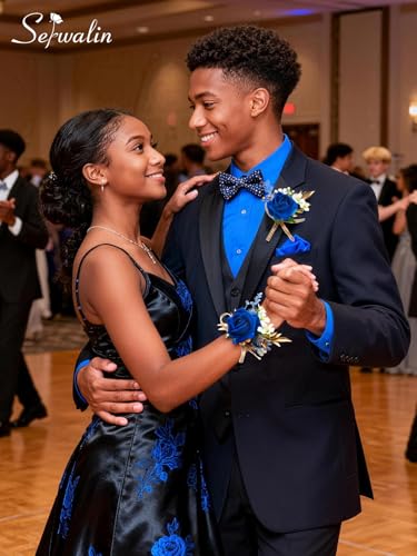 Serwalin Royal Blue Rose Corsage and Boutonniere Set, Boutonniere for Men and Wrist Corsage Wristlet for Wedding Flowers Prom Homecoming Accessories Party Suit Decorations - color: Royal Blue, size: 1 Boutonniere & 1 Wrist Corsage - 2pcs