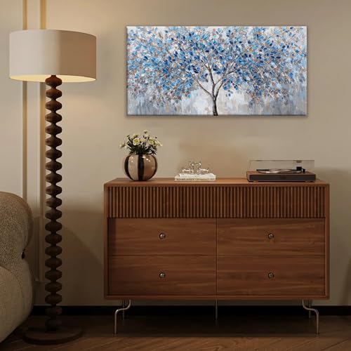 Blue White Tree Leaves Wall Art Decor Canvas Prints Ready To Hang Room Wall Decor Wall Pictures For Living Room Office Kitchen Bathroom Bedroom 20x40 Inch - color: White Blue, size: 40"L x 20"W