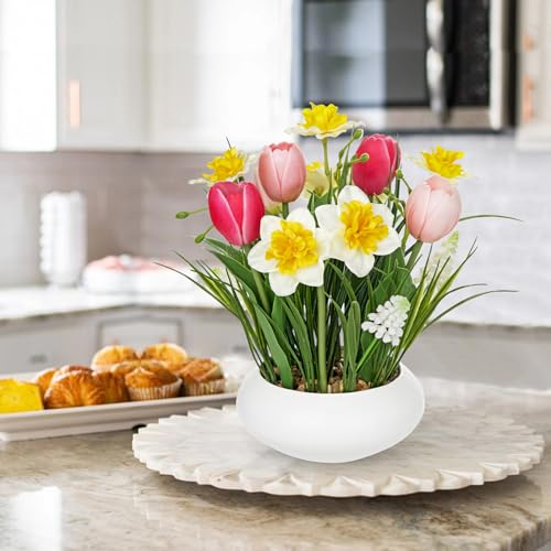 Hollyone Tulips Artificial Flowers with Daffodil Bulbs in Vase Fake Tulips Silk Flowers Arrangements with Ceramic Pot Daffodil Tulip Bulbs Floral Bouquet for Home Decor Table Centerpiece White Pink - color: Large - Mixed