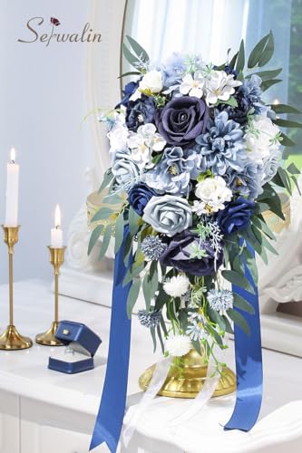 Serwalin 9.8 Inch Wedding Bouquets for Bride Bridesmaid, Dusty Blue Bridal Bouquets for Bride, Wedding Flowers Bouquet Tossing Bouquet, Wedding Ceremony and Anniversary Decoration - color: Dusty Blue