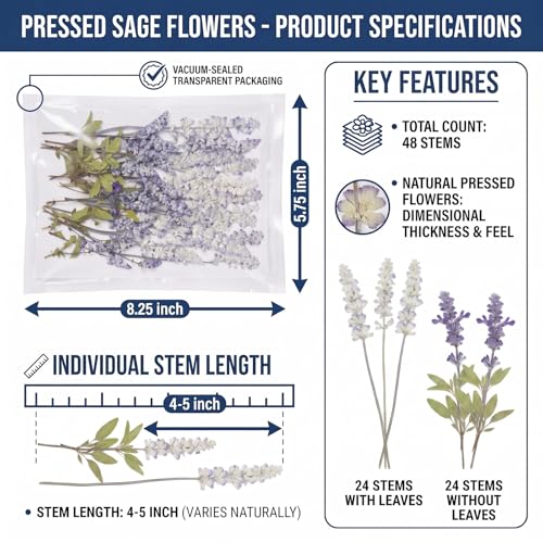 48 Pcs Natural Dried Pressed Garden Sage Flowers for Cake Decorating, Real Dry Flower for Resin Jewelry Making, DIY Bookmarks Art Crafts(Garden Sage) - color: Garden Sage