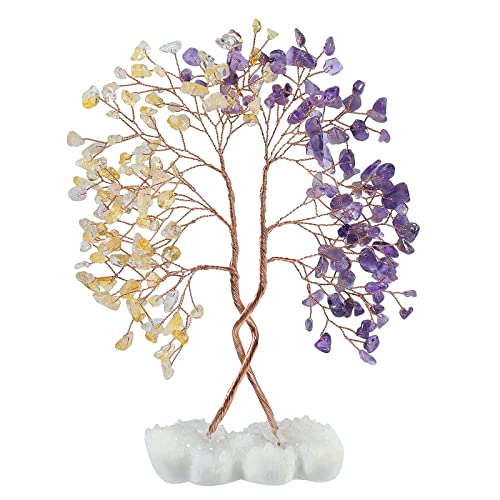 mookaitedecor Natural Citrine & Amethyst Crystal Tree with Double Heart Rock Quartz Crystal Cluster Stone Base Bonsai Money Tree of Life Home Wedding Decoration - color: Purple & Yellow