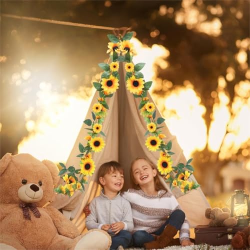 Zythrem 6 Pack Artificial Sunflower Garland for Decoration 7.22FT Silk Sunflower Yellow Flower Vines with Green Leaves Summer Garland for Mantle Wedding Table Home Baby Shower Party