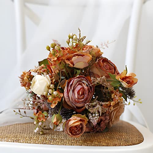 Artificial Wedding Bouquet for Brides Bridesmaid Holding Flower with Greenery Artificial Fabric Rose Wedding Flower Bridal Toss (Vintage Orange) - color: Vintage Orange