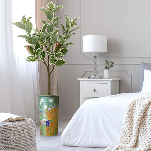 Artificial Tree in Colorful Flower Pattern Planter, Fake Rubber Silk Tree for Indoor and Outdoor Home Decoration - 70" Overall Tall (Plant Pot Plus Tree) - style: Rubber