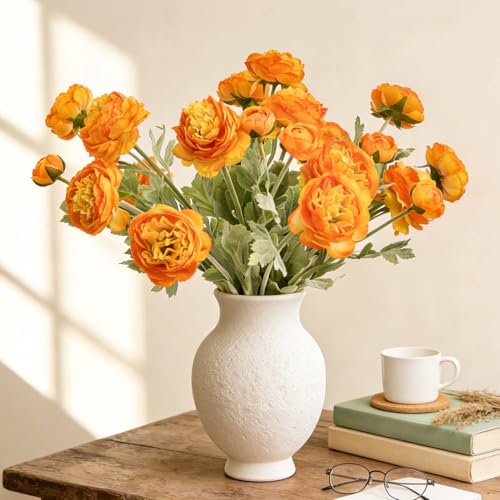 7 pcs Orange Peonies Artificial Flowers, Fake Ranunculus for for vase, Fake Silk Flowers for Home Table Centerpiece Office Desk Farmhouse Kitchen Dining Coffee Table Decoration (Light Orange) - color: Light Orange