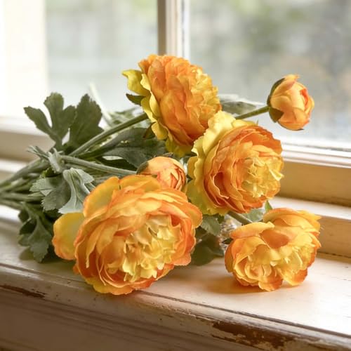 7 pcs Orange Peonies Artificial Flowers, Fake Ranunculus for for vase, Fake Silk Flowers for Home Table Centerpiece Office Desk Farmhouse Kitchen Dining Coffee Table Decoration (Light Orange) - color: Light Orange