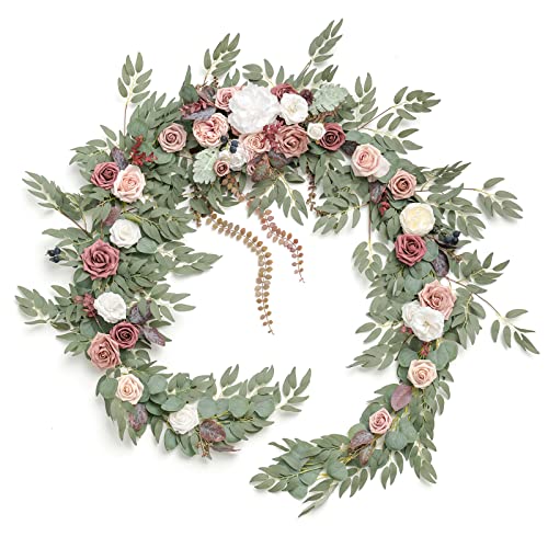 Ling's moment 9FT Eucalyptus and Willow Leaf Garland with White Flower, Handcrafted Wedding Sweetheart Table Centerpieces Head Table Decor Arch Backdrop Decorations for Wedding | Dusty Rose & Mauve - color: Pk-dusty Rose & Mauve