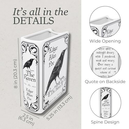 Steel Mill & Co Original Large Book-Shaped Decorative Vase, Ceramic Vases for Home Decor, Gothic Bookshelf Decor, Unique Vase for Book Lovers (The Raven - White)