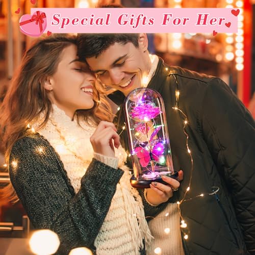 Gifts for Mom Birthday Gifts for Women Pink Rose Eternal Flower Light Up Rose in Glass Dome with Butterfly, Galaxy Crystal Flowers Gifts for Grandma Wife Daughter Her Delivery Prime - color: Light Pink