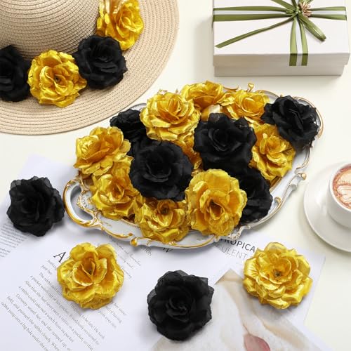 Yunlly 100 Pcs Artificial Flowers Fake Silk Roses Long Stem Rose Bouquet Wedding Party Home Decor for DIY Baby Shower Centerpieces Tables Home Decorations (Black and Gold) - color: Black and Gold