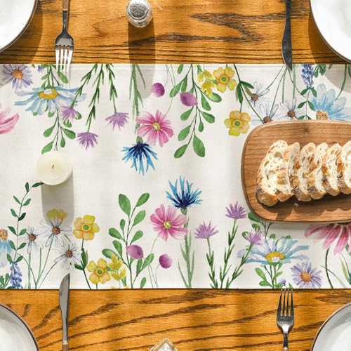 Artoid Mode Daisy Eucalyptus Lavender Floral Leaves Summer Table Runner, Spring Kitchen Dining Table Decoration for Home Party Decor 13x90 Inch - color: Beige, size: 13" x 90", Table Runner