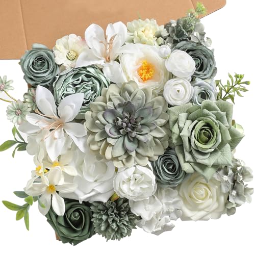 rongflower Green Artificial Flowers Combo Set Fake Flower Leaf Box with Stemst for DIY Wedding Bridal Bouquet, Centerpieces, Home Decor, Floral Arrangement Decor(Forest Green) - color: Forest Green