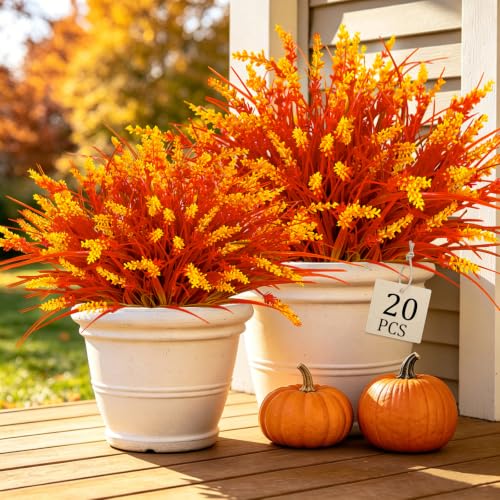 20Pcs Fake Plants Artificial Flowers Monkey Grass for Outdoors，UV Resistant Realistic Fall Artificial Flowers for Outdoors，No Fade Shrubs Outside Decor for Courtyard Porch Patio Garden - color: Yellow, size: 20Pcs