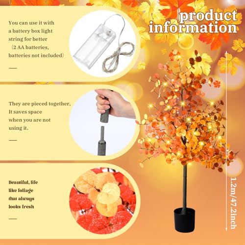 4ft Fall Light up Tree Lighted Eucalyptus Tree Artificial Autumn Ficus Fall Thanksgiving Decor Artificial Faux Plant Trees Decor for Party Porch Fireplace Front Door Outdoor Indoor Decoration - color: Orange