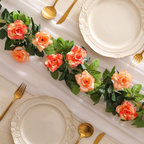 JUSTOYOU 2 Pack (15.8FT) Fake Rose Garland, Artificial Rose Vines Flowers Hanging Silk Rose Vine Wedding Home Backdrop Party Arch Arrangement Decoration - color: Sunset Red